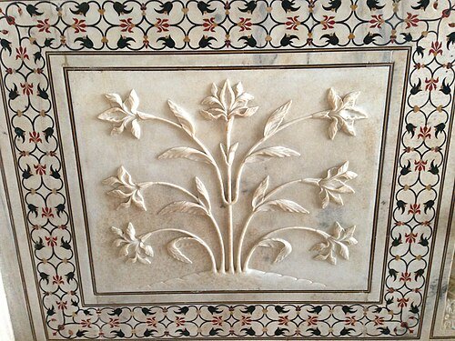 Taj Mahal pietra dura: flush stone flowers in marble